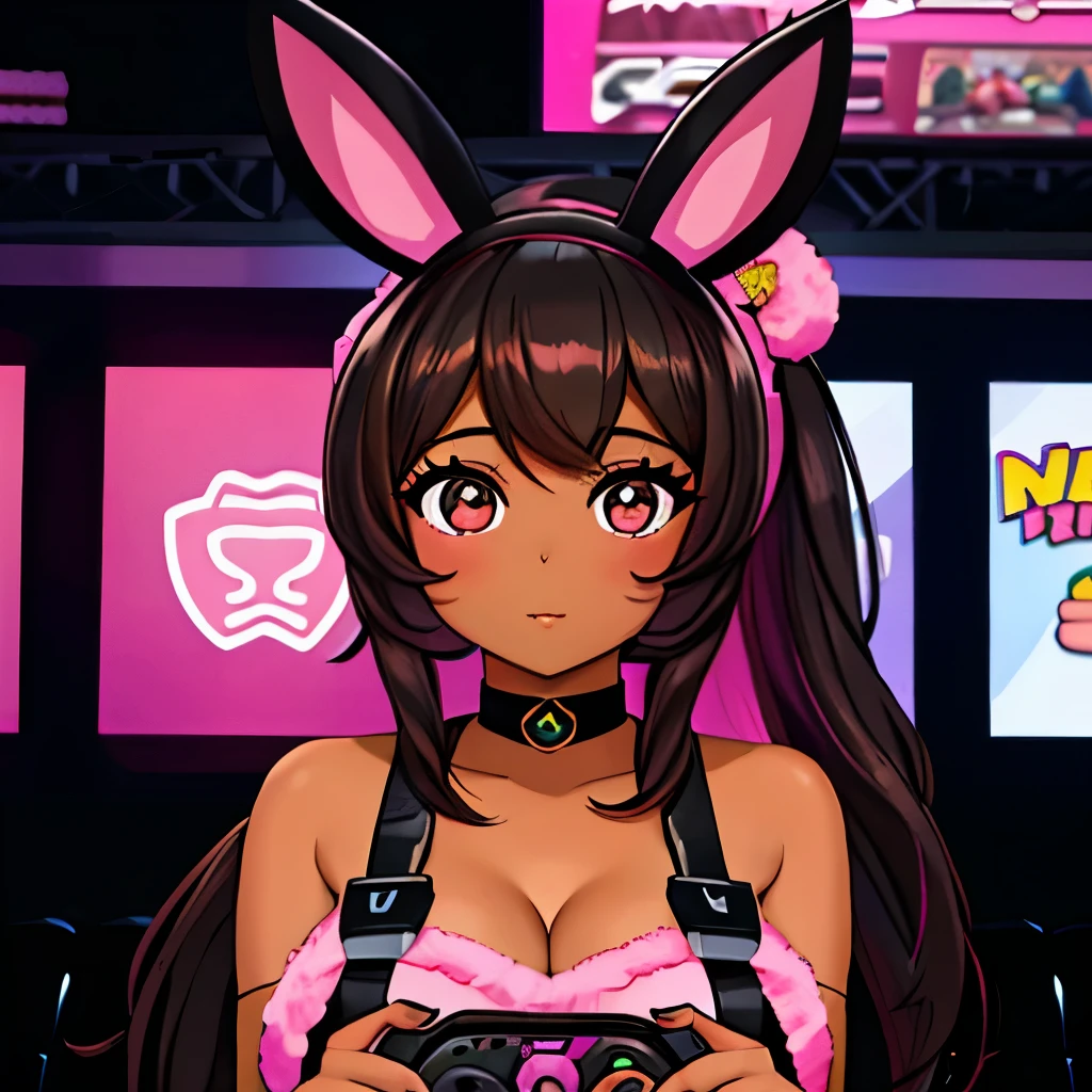 Garota de pele negra, black and medium hair with pink highlights,olhos da cor rosa,with furry pink bunny ears accessories. With a gaming controller in hand