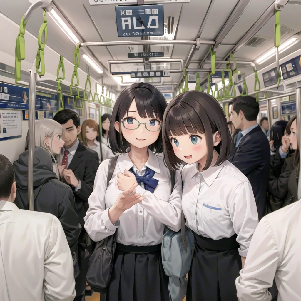 Highest quality, Super detailed, figure,
Multiple Girls, Small breasts , Black Hair, Glasses, school bag, smile, Laughter, View your viewers, crowded train、Lots of schoolgirls、1man、A man stands behind a woman、A man touching a woman's buttocks or groin、
e235, Inside the train, scenery, Sheet, window, screen, Realistic, photograph background, photograph (Moderate), photographRealistic, close、Surrounded by men1Schoolgirls、Molester