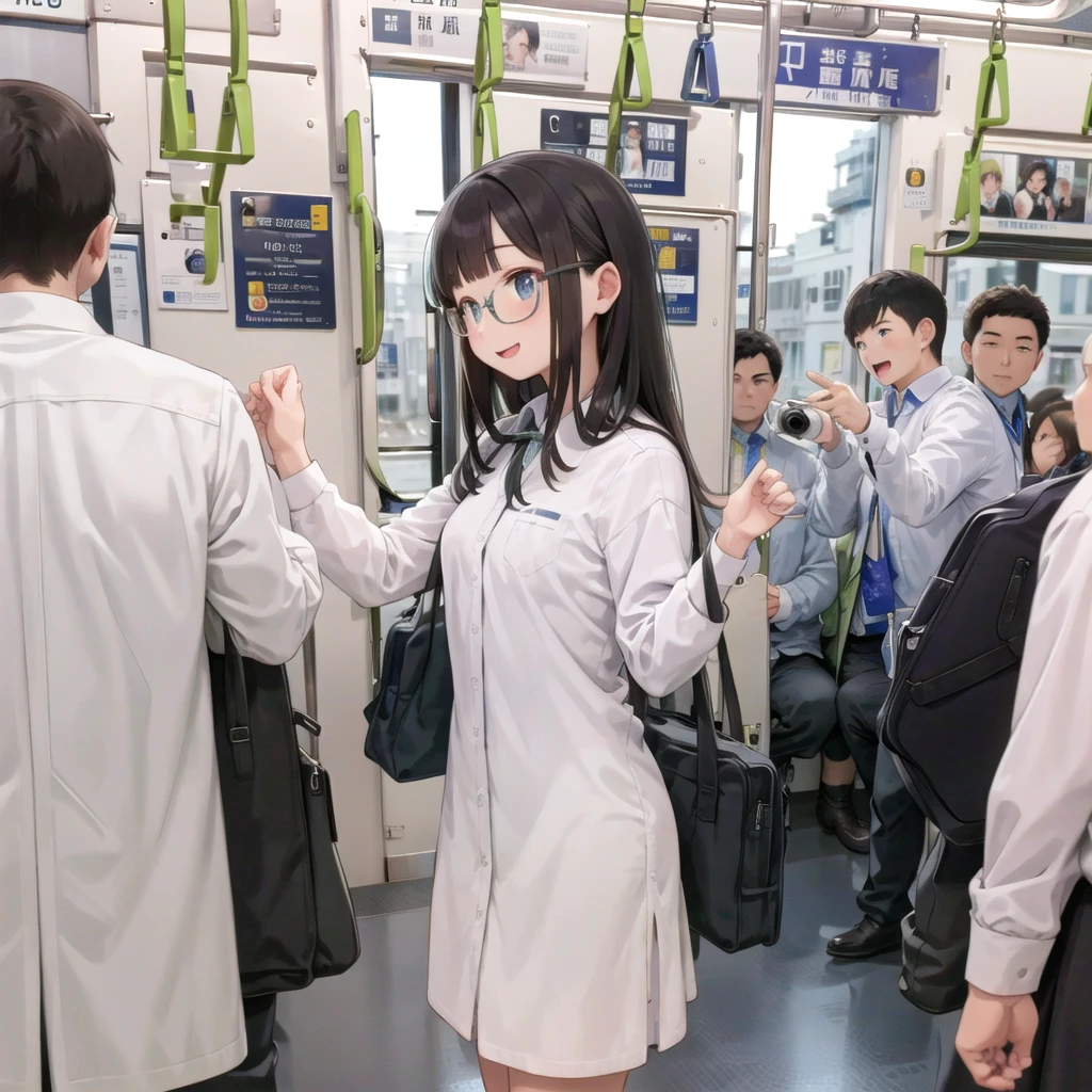Highest quality, Super detailed, figure,
Multiple Girls, Small breasts , Black Hair, Glasses, school bag, smile, Laughter, View your viewers, crowded train、Lots of schoolgirls、１man、A man stands behind a woman、A man touching a woman&#39;s buttocks or groin、
e235, Inside the train, scenery, Sheet, window, screen, Realistic, photograph background, photograph (Moderate), photographRealistic, close、Surrounded by men１Schoolgirls、Molester
 