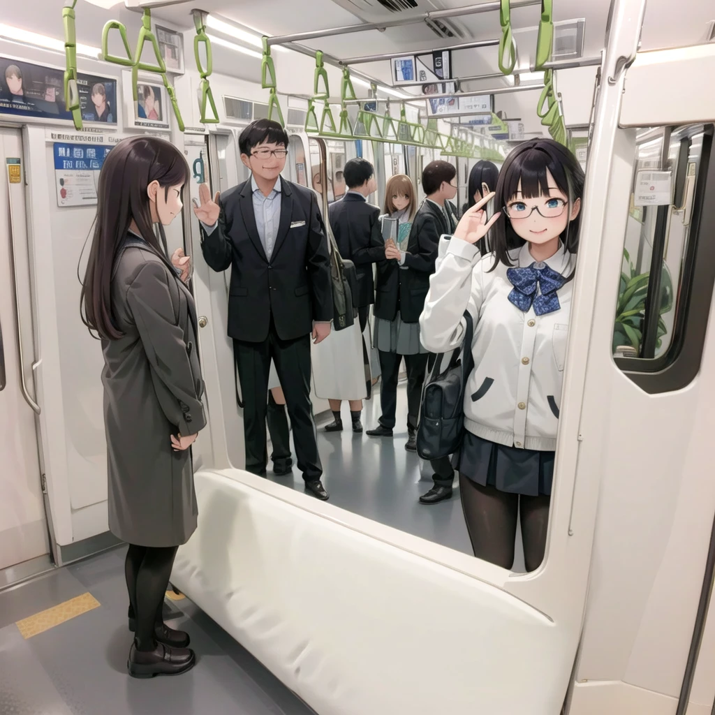 Highest quality, Super detailed, figure,
Multiple Girls, Small breasts , Black Hair, Glasses, school bag, smile, Laughter, View your viewers, crowded train、Lots of schoolgirls、１man、A man stands behind a woman、A man touching a woman&#39;s buttocks or groin、
e235, Inside the train, scenery, Sheet, window, screen, Realistic, photograph background, photograph (Moderate), photographRealistic, close、Surrounded by men１Schoolgirls、Molester
 