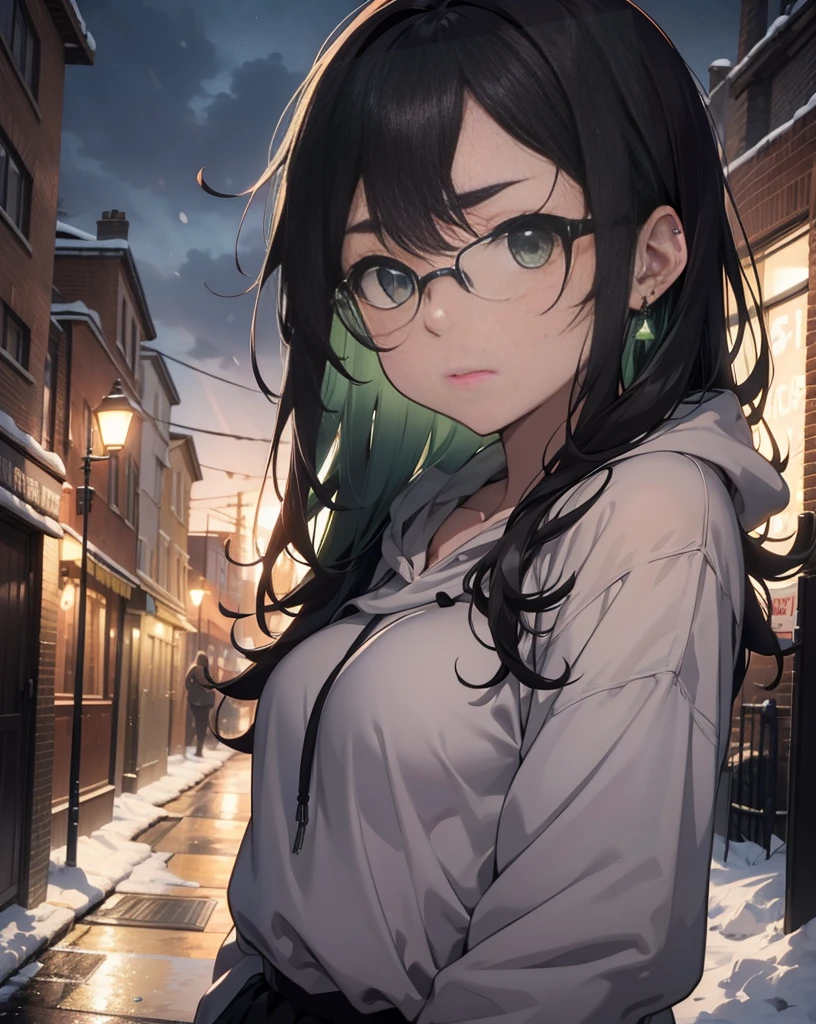 Best quality, volumetric lighting, cinematic lighting, masterpiece, ultra high res, 4k, (soft round detailed face), (sad expression), (detailed green eyes), bags under eyes, thick eyebrows, depressed, melancholy, (wearing rounded glasses), (very pale light skin), detailed black hair, ((long messy greasy hair)), (plain black hoodie), black stud earrings, black nail varnish, unwashed, unkempt, disheveled, sodium streetlamps, midnight, dark clouds, London, snow