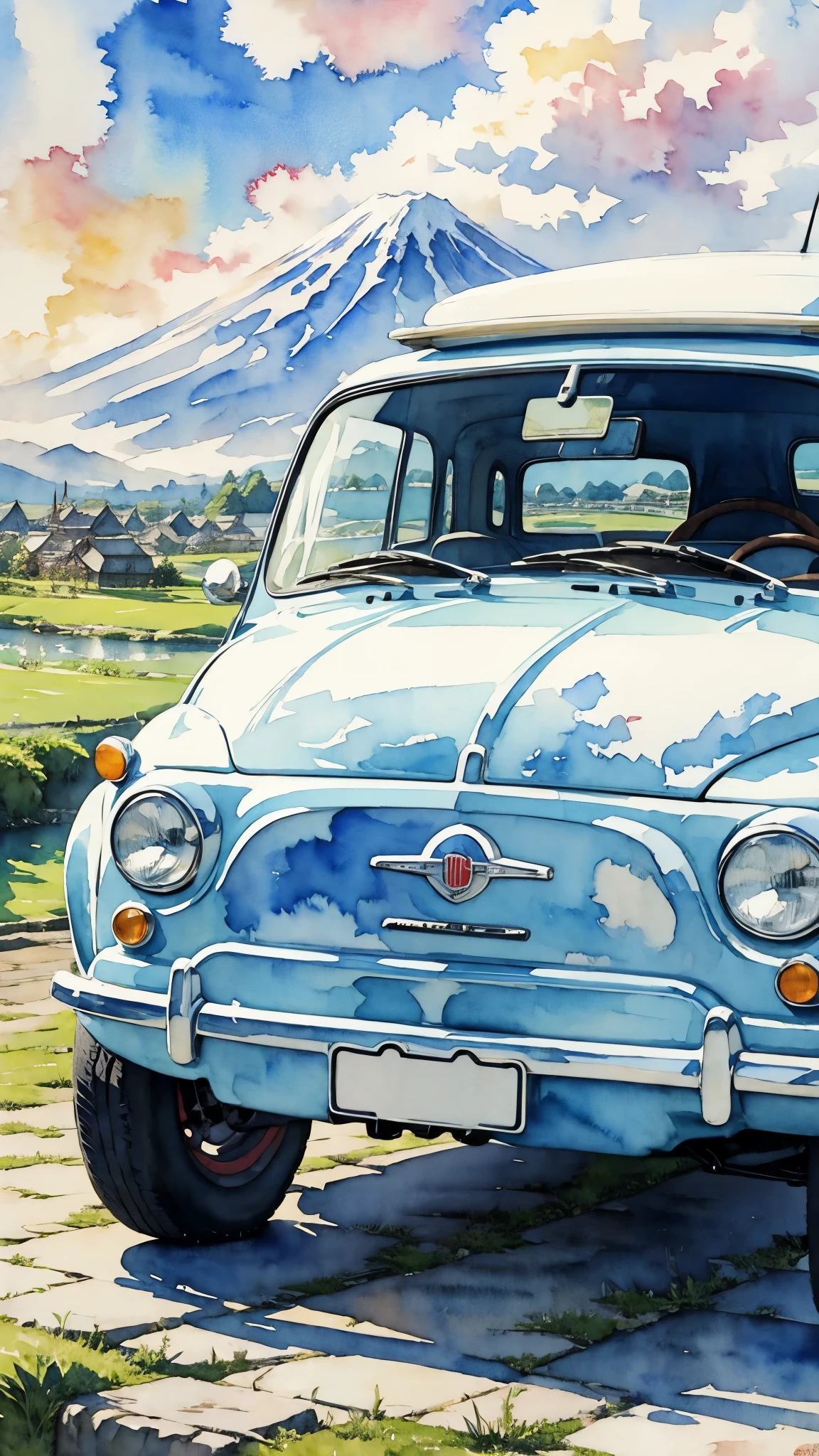 (masterpiece:1.2, Highest quality),(Very detailed),(((watercolor))),8K,wallpaper,Cream-colored Fiat 500,Run Mount Fuji,blue sky,(((Ghibli style))),透明watercolor