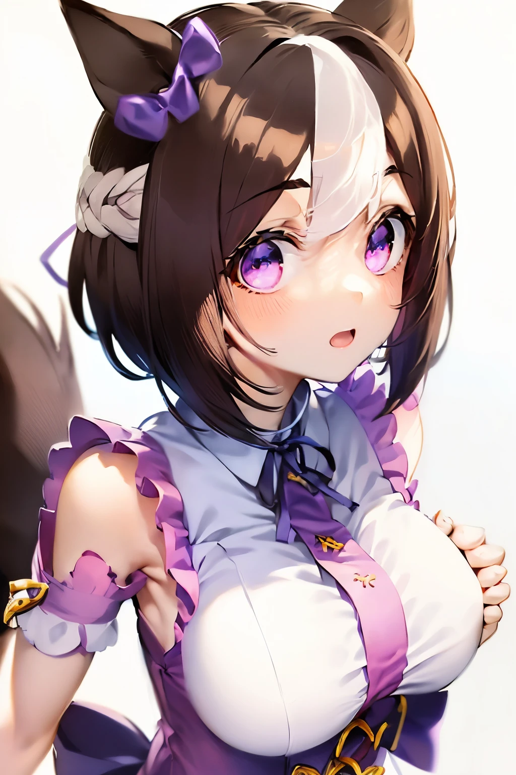 special_week_\(Umamusume)、bow ribbon、bow ribbon、bow ribbon、corsets、Fluffy breasts、nursing、toppless、teats、The upper part of the body、(Refers to the viewer:1.3)、Happiness、(White background:1.5)、(front-facing view:1.3)