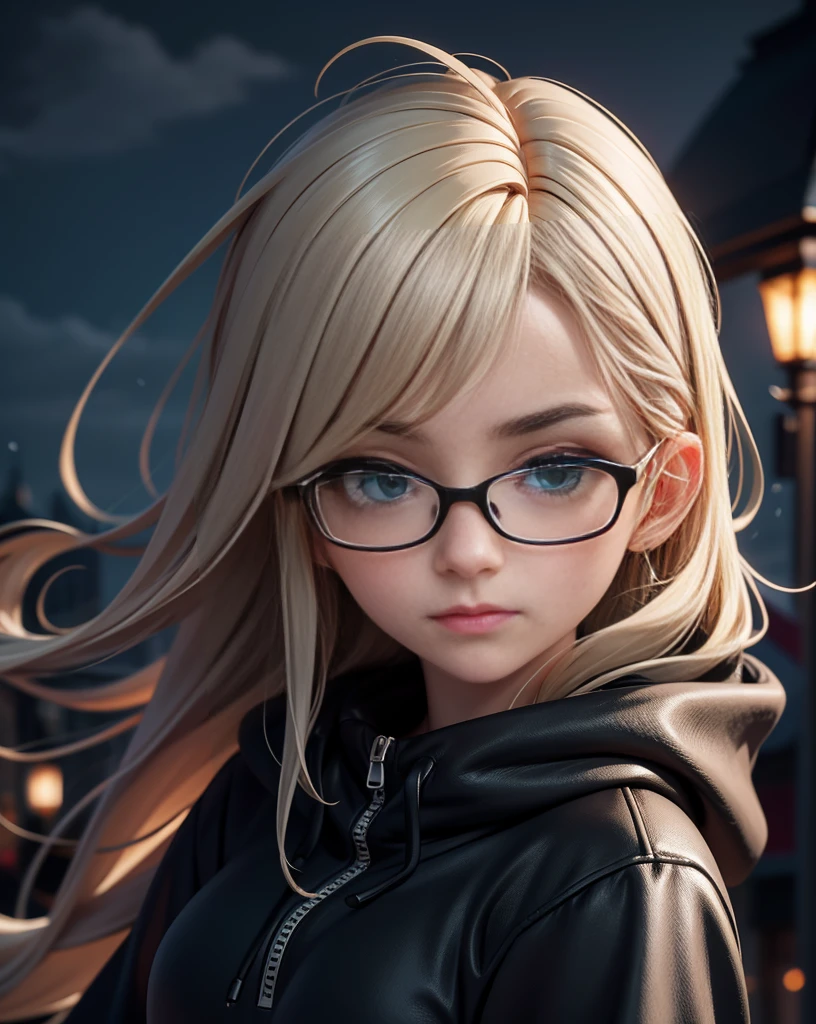 Best quality, volumetric lighting, cinematic lighting, masterpiece, ultra high res, 4k, (soft round detailed face), (sad expression), (detailed green eyes), bags under eyes, thick eyebrows, depressed, melancholy, (wearing rounded glasses), (very pale light skin), detailed black hair, ((long messy greasy hair)), (plain black hoodie), black stud earrings, black nail varnish, unwashed, unkempt, disheveled, sodium streetlamps, midnight, dark clouds, London, snow
