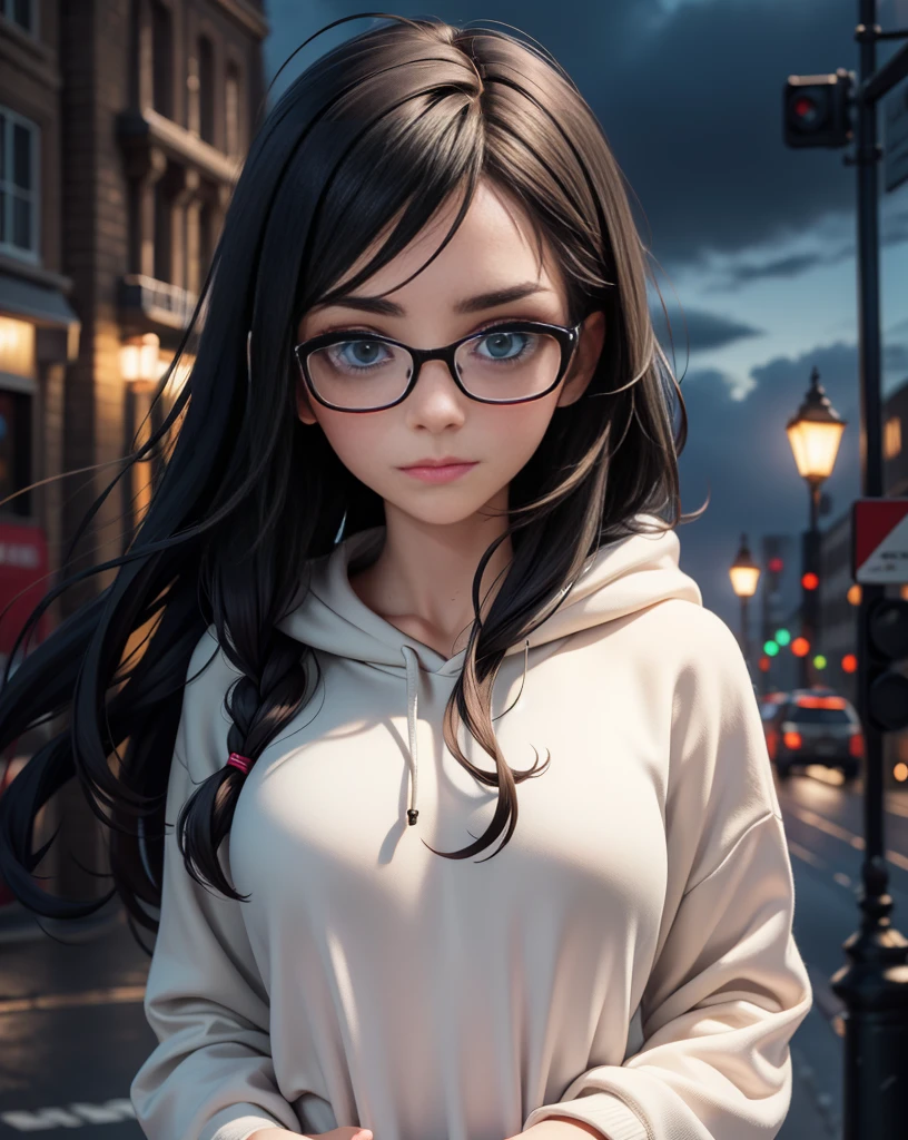 Best quality, volumetric lighting, cinematic lighting, masterpiece, ultra high res, 4k, (soft round detailed face), (sad expression), (detailed green eyes), bags under eyes, thick eyebrows, depressed, melancholy, (wearing rounded glasses), (very pale light skin), detailed black hair, ((long messy greasy hair)), (plain black hoodie), black stud earrings, black nail varnish, unwashed, unkempt, disheveled, sodium streetlamps, midnight, dark clouds, London, snow