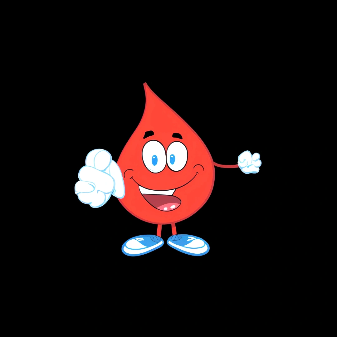 a cartoon red blood drop mascot with the face of a pretty -yeld gi The girl's face should be cute and youthful, with large expressive eyes, a small nose, and a gentle smile.