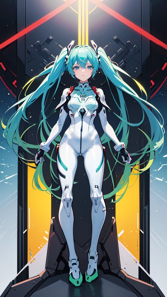 ((((masterpiece, high quality, very_high_resolution, anime colored, Elaborate design, visual art, high quality)))), 1girl, ((((hatunemiku VOCALOID twintails)))), turquoise hair, (((NEON GENESIS EVANGELION plugsuit))), 1girl, headgear, suit color(((white blue-green))), beautiful art, sadamoto yasuyuki style, puragusu-tu,plug suit、