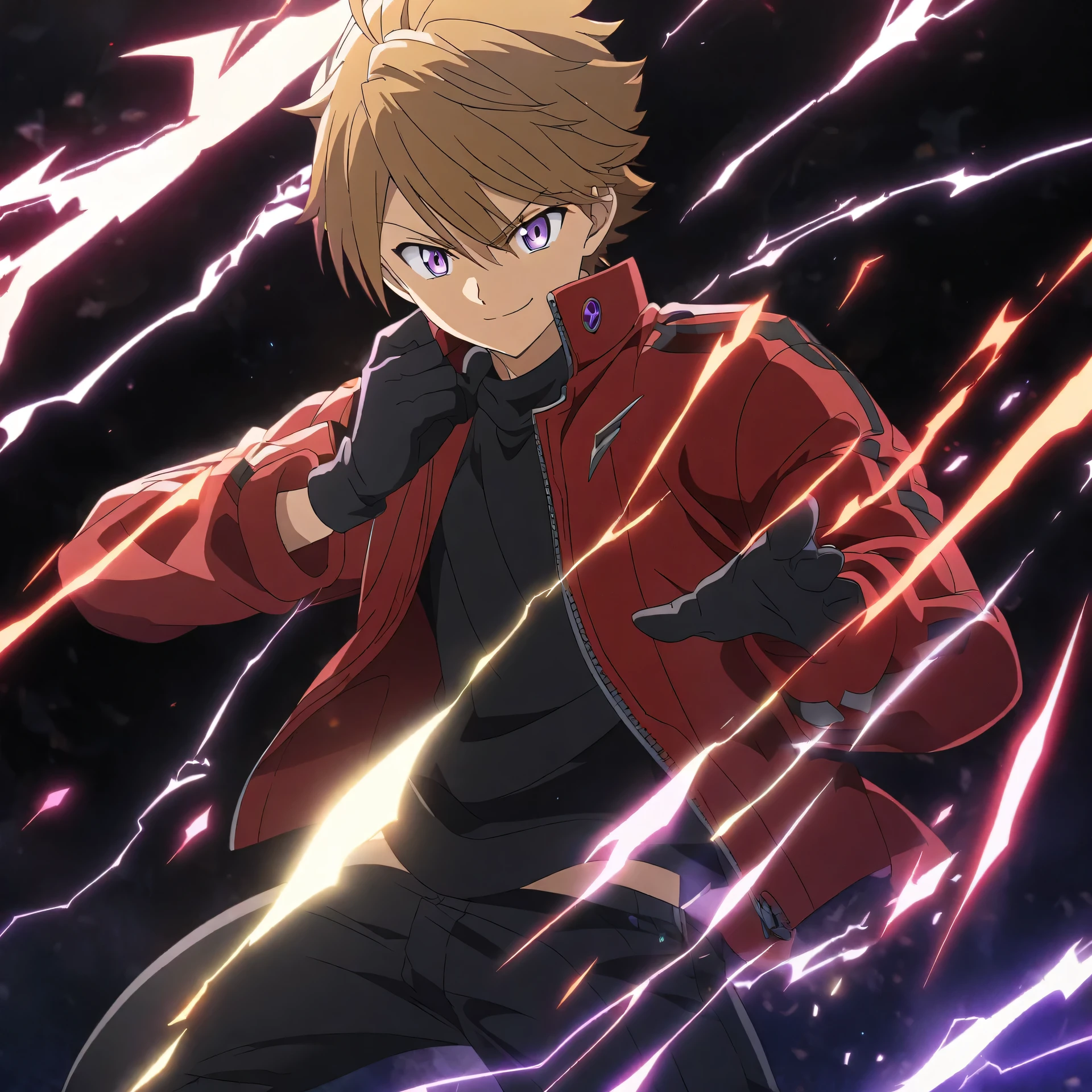 Edens zero style, Male, Boy, brown hair, violet eyes, Black glove, smile, Black Shirt, Red Shoes,Black Long pants, Red Jacket, HD,anime Style,lighning Effects