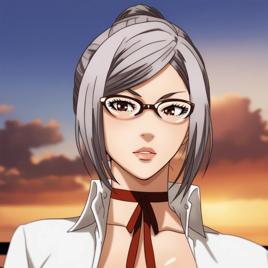 (nsfw)score_9_superior, score_8_superior, score_7_superior, Meiko Shiraki,  alone, Glasses, null, cloud, Day, Grey Hair, short hair, choker, Brown eyes, lips, Parody, parted lips, blue null, ribbon choker, 最high quality, high quality