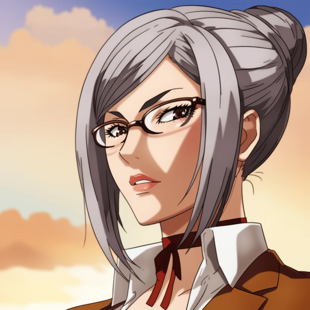 (nsfw)score_9_superior, score_8_superior, score_7_superior, Meiko Shiraki,  alone, Glasses, null, cloud, Day, Grey Hair, short hair, choker, Brown eyes, lips, Parody, parted lips, blue null, ribbon choker, 最high quality, high quality