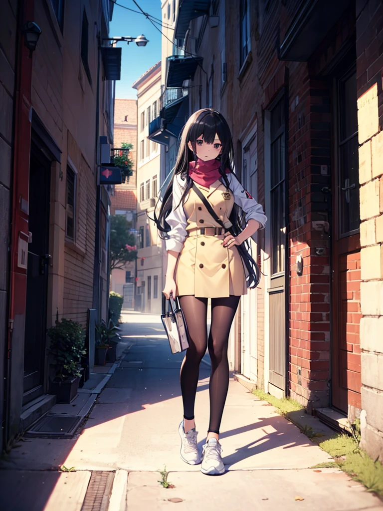 1girl,,legwear,,anklet,black hair,straight_hair,hime cut,long hair,sneakers,huge filesize,scarf,Uniforms,lace,student, breasts,Jacket