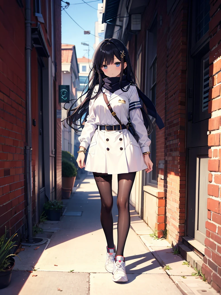 1girl,,legwear,,anklet,black hair,straight_hair,hime cut,long hair,sneakers,huge filesize,scarf,Uniforms,lace