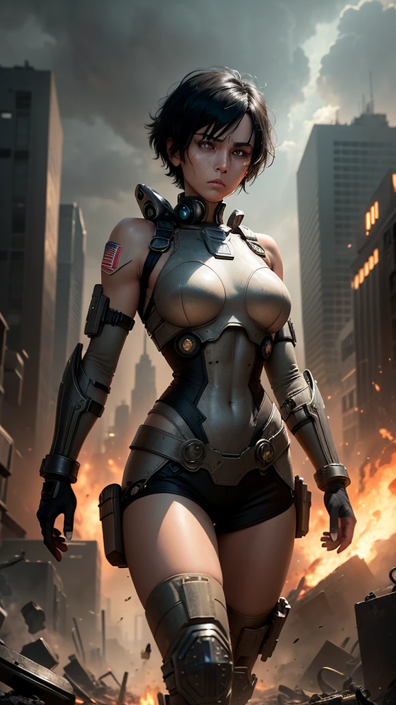“Create a high-definition image of a devastated metropolis following a nuclear explosion. The central character is a woman with short black hair and brown eyes, wearing a tattered military outfit. She has a glamorous physique and is carrying a machine gun on her shoulder. She looks around with a tearful expression. The sky is overcast, adding to the dramatic, cinematic atmosphere.”