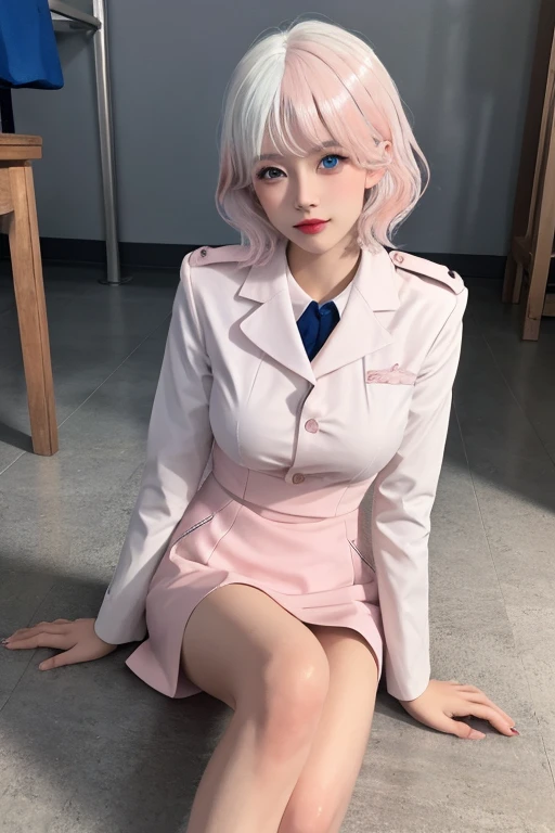 (masterpiece), (high quality), (8k resolution), (RAW photos), (best quality), (masterpiece:1.5), (Practical:1.5), ((photo Practical)), Vivid details, hyper Practical,1 Girl, (Lovely:1.2), beautiful, high quality、Delicate face, Perfect face, (White hair and light pink hair:1.4), Red face, Delicate eyes, (blue eyes),Colored eyes,(Big watery eyes),Not suitable for working hours,, slim body, Looking at the audience, Shut up, Real human skin, Glowing skin, Medium Breast, ((Uniforms)), sit, floor,