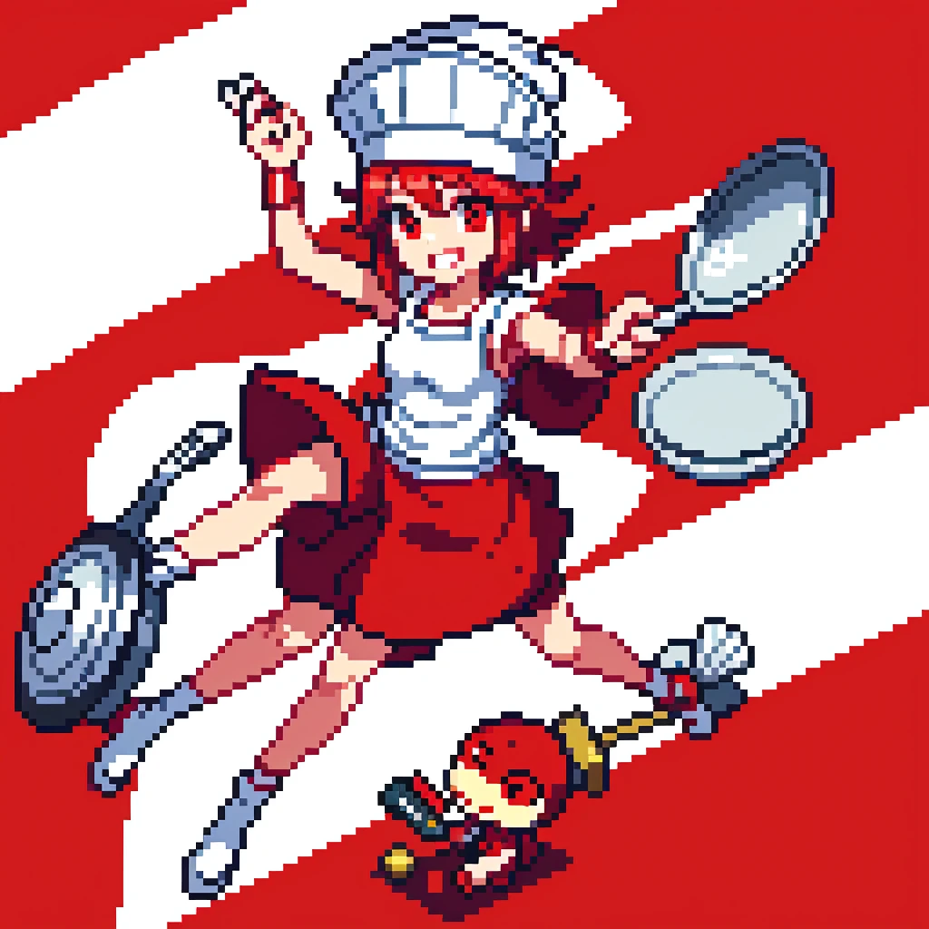 red grill with multiple eyes, cartoon legs, white chef hat, holding a pan and a spatula, thin arms