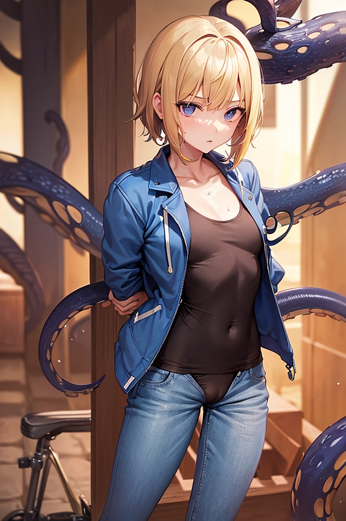masterpiece, best quality,anime style, 1 girl,(((slender body))), (((small breast))),(((Jacket, Open your clothes, Open jacket, Blue jacket, ground vehicle, Sports Bra, bicycle,buruma))),(((((brown penis tentacles bound the girl))))), ((((restrained, arms behind back)))),((((cum)))), (beautiful face), (((short hair))), (((straight hair))), ((((blonde hair)))),detailed beautiful skin, (perfect hands, perfect anatomy)