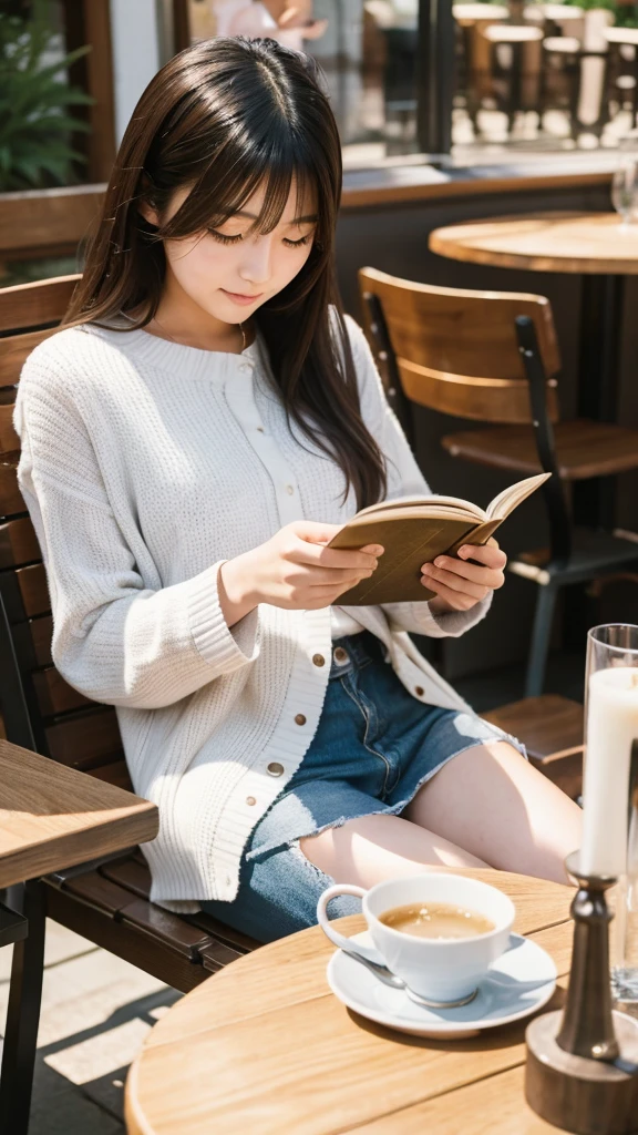 A Japanese girl in her 20s reading a book at a stylish cafe table
