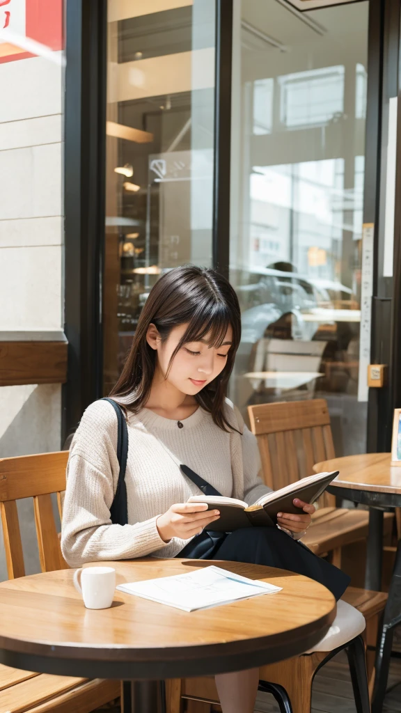 A Japanese girl in her 20s reading a book at a stylish cafe table