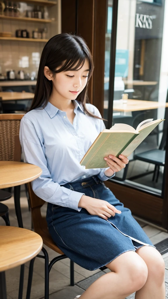 A Japanese girl in her 20s reading a book at a stylish cafe table