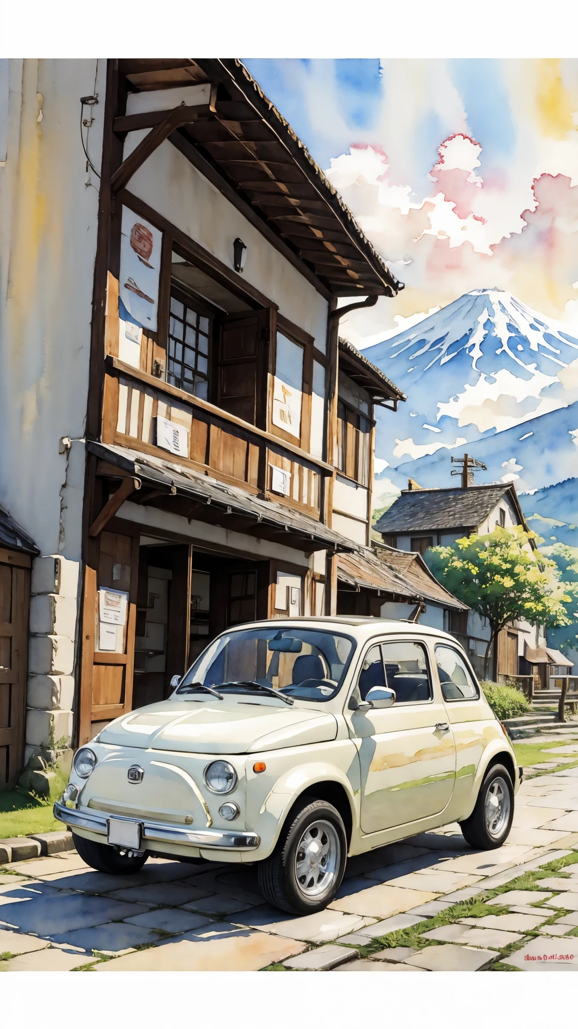 (masterpiece:1.2, Highest quality),(Very detailed),(((watercolor))),8K,wallpaper,Cream-colored Fiat 500,Run Mount Fuji,blue sky,(((Ghibli style))),透明watercolor