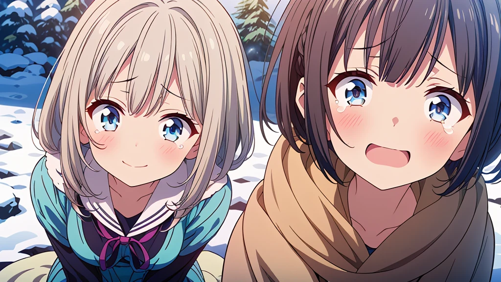 1girl,(((Highest quality、Masterpiece、Official Art、The best dynamic composition、HD、Super detailed)))、Gray and blue gradation hair、overhead shot, upper body, snow mountain, concept art, shedding tears、Kneeling on the ground, looking up at the sky and smiling with the biggest smile on her face