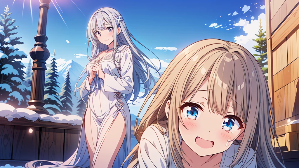 1girl,(((Highest quality、Masterpiece、Official Art、The best dynamic composition、HD、Super detailed)))、Gray and blue gradation hair、overhead shot, upper body, snow mountain, concept art, shedding tears、Kneeling on the ground, looking up at the sky and smiling with the biggest smile on her face