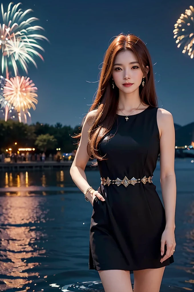 A radiant middle-aged woman with long, straight auburn hair, standing by a riverside at night, watching fireworks. She is dressed in a fashionable, sleeveless black dress with delicate jewelry. The background shows colorful fireworks lighting up the night sky, reflections on the water, and people in the background enjoying the festival. High-resolution, realistic depiction.