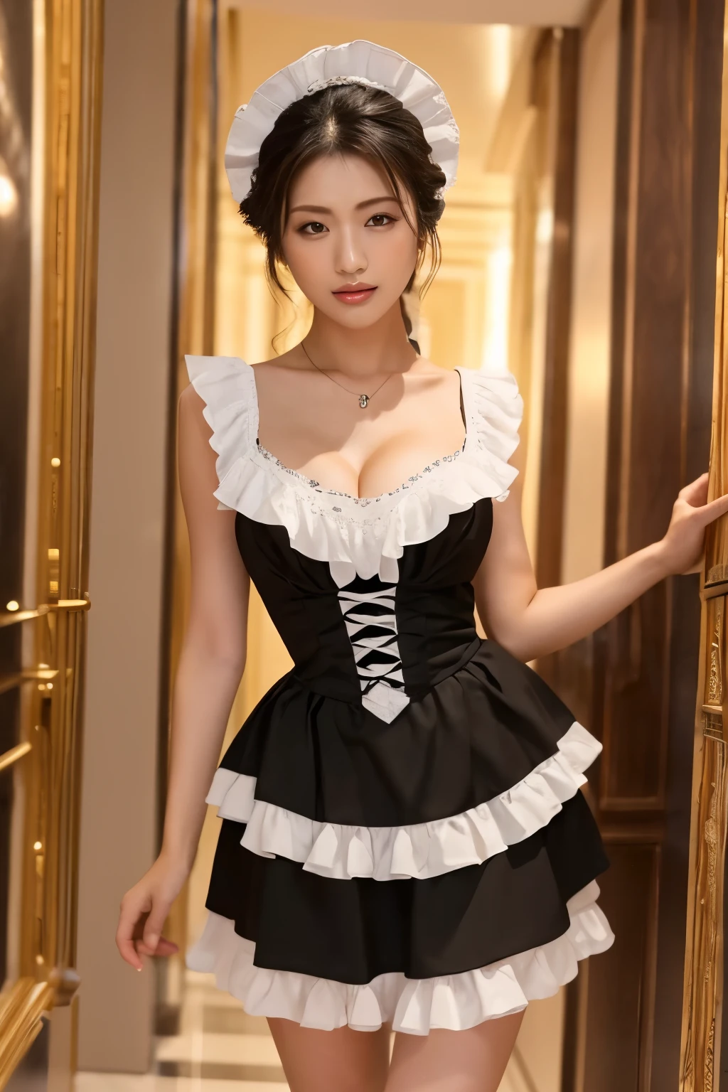 (Highest quality、masterpiece、8K、Best image quality、Hyperrealism、Award-winning works)、One maid、(Gorgeous Victorian Black and White Maid Dress:1.1)、(A black and white maid outfit with a long frilly skirt:1.1)、(Gorgeous black and white maid dress with exquisite detailing:1.1)、(Standing in the entrance lobby of the most elegant and luxurious luxury hotel:1.1)、(Staring at me:1.1)、Upper body photo、Accurate anatomy、Cleavage、Big Breasts、Accentuate your body lines、Natural Makeup、Ultra-high definition glossy skin、Ultra-high definition, radiant skin、Ultra-high definition glossy lips