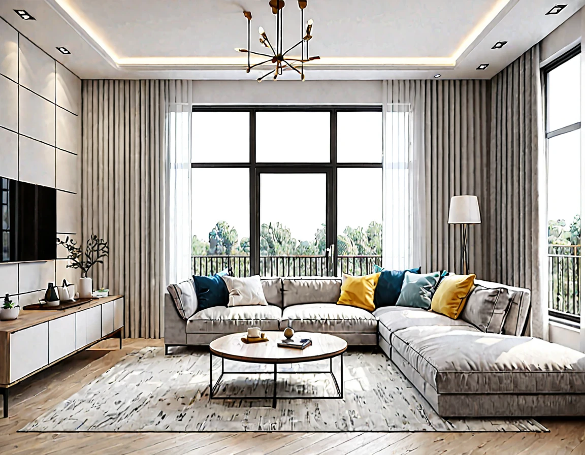 Nordic interior style, living room design renderings, daytime, sharp details