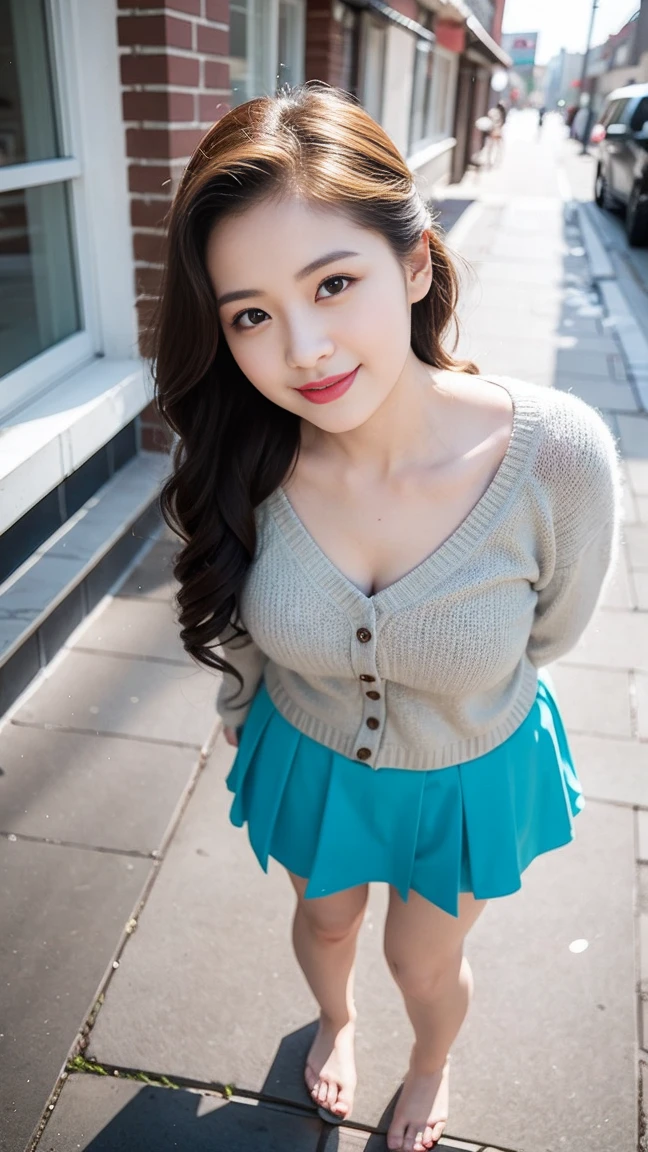 (Skin blemishes:1.2), (Skin Indentation), Dark circles, 1Missl, 25 years old, (((Miss))), Solitary, Practical, best quality, Reality, proficient, 8K, high resolution, Solitary, Extremely detailed face, (Professional lighting，Bokeh），（Light Particles，lens flare，Glowing particles：0.6），（Dynamic poses：1.2），Soft Lighting，Top angle view，fashionable atmosphere，China，street，City，Beijing，（（During the day)), sky sky, ((Looking at the audience:1)), (Looking at the camera), Gorgeous, stand up, Maintain original facial proportions, Shave your shoulders, Full Body Love, (Medium chest), (Long, delicate hair), Brown hair, Flutter, Open lips, Lipstick, 迷人的Smile, Smile, Open your mouth, teeth, (Blue grey tight sweater), (White）（Business Mini Skirt),32 inches in the chest,(a charming smile:1), (sexy pose)，(standing pose) , eyelash, birthmark, (Mole under the eye: 1),Proportionate legs, Thin and white，A pair of lotus feet，White and tender，No shoes，Delicate and beautiful feet，Focus on the chest，Full body image