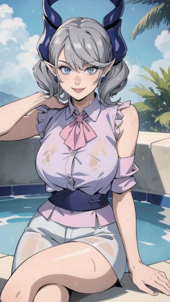 High level image quality best image quality 8K adult woman pool party rain palm trees more colors whole body view portrait bikini horn ears short hair((shortcut)(gray hair)(perm)(fluffy)) eye color is blue , , attractive evil face , smile , sexy pose , labrynth , crossed arm , barearm , wearing pink shirt , sitting on person by the pool , crossed legs , all wet , wet hair