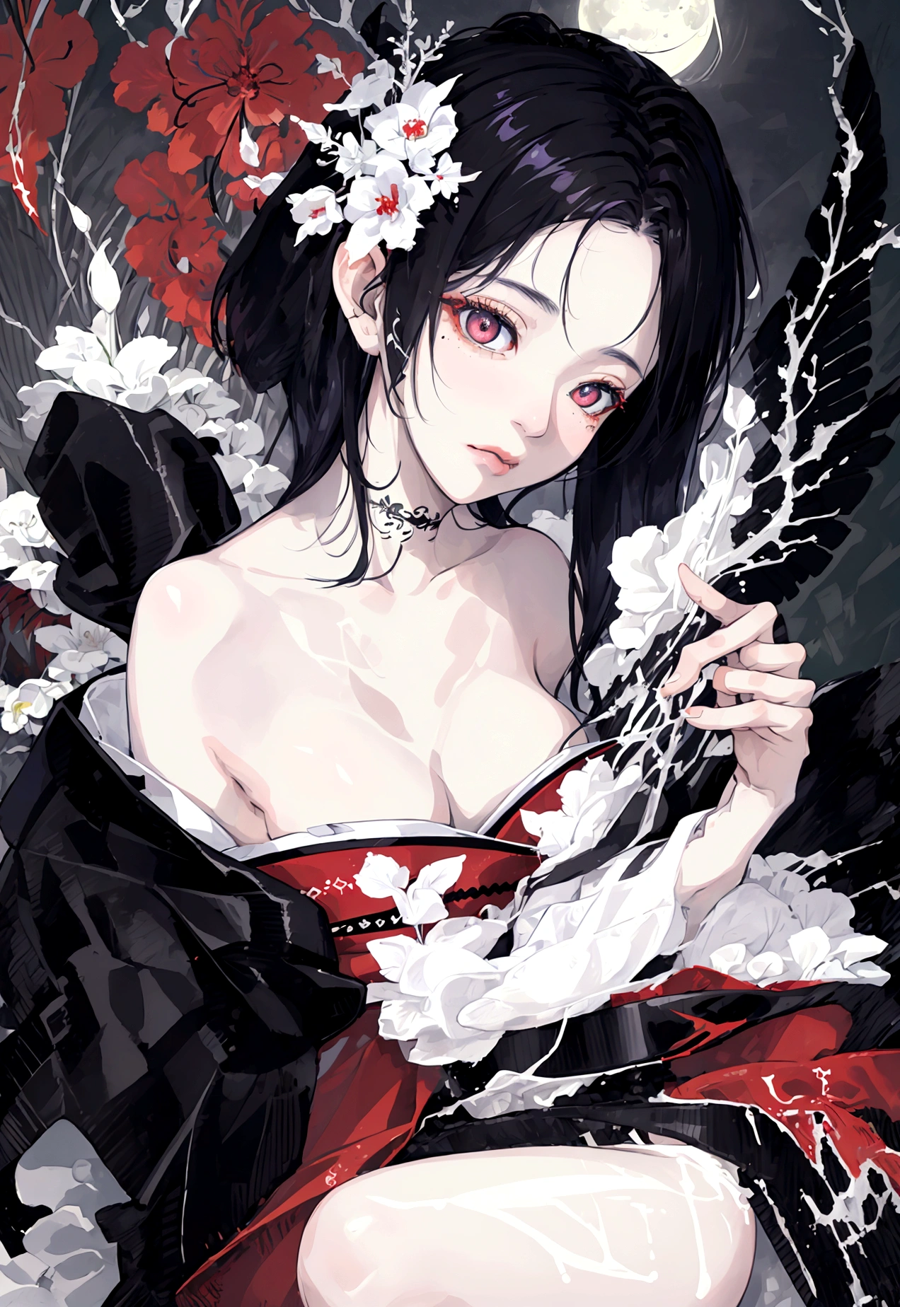 (masterpiece:1,2), best quality, masterpiece, highres, original, extremely detailed wallpaper, perfect lighting,geisha, kimono,Bare shoulder,tattoo,(((Black and white))),Extreme detail,solo,lustful eyes,look up,Glowing eyes,byobu,moon,Black hair,petal,sexy,open legs,nude,