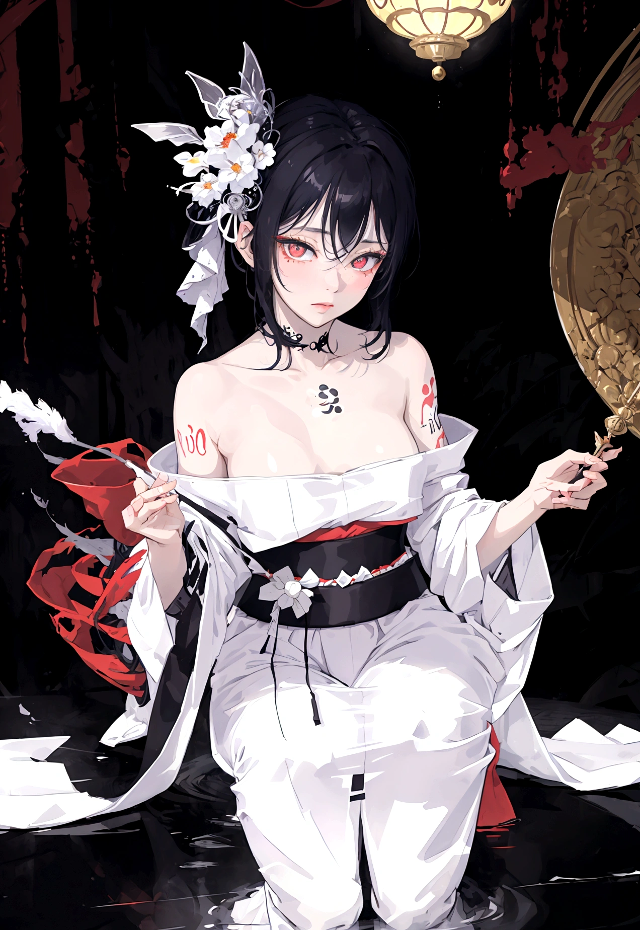 (masterpiece:1,2), best quality, masterpiece, highres, original, extremely detailed wallpaper, perfect lighting,geisha, kimono,Bare shoulder,tattoo,(((Black and white))),Extreme detail,solo,lustful eyes,look up,Glowing eyes,byobu,moon,Black hair,petal,sexy,open legs,nude,