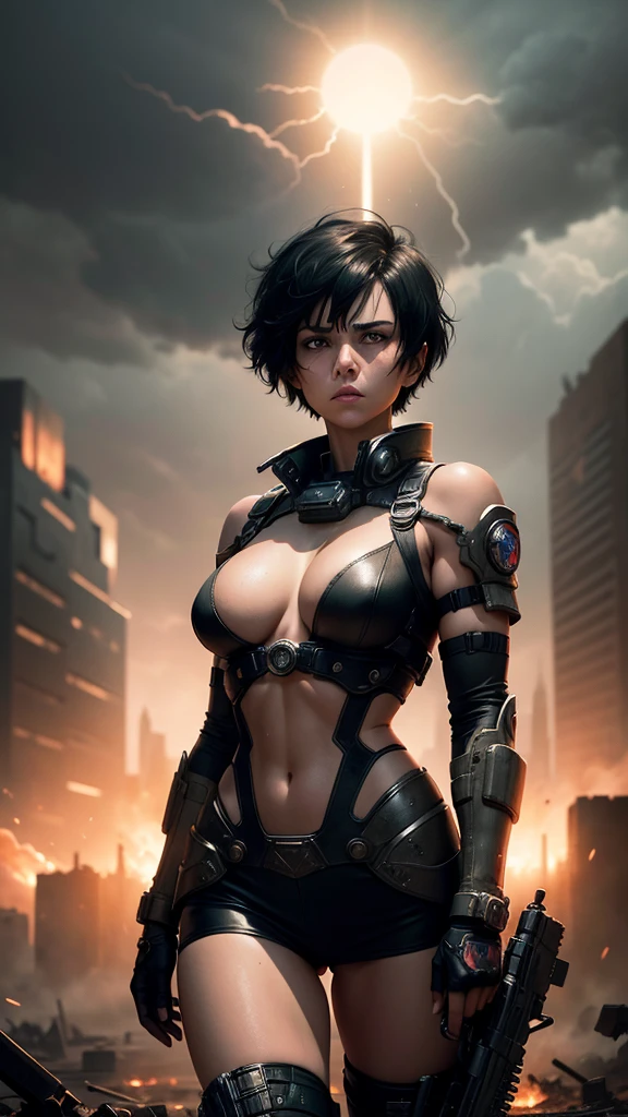 “Create a high-definition image of a devastated metropolis following a nuclear explosion. The central character is a woman with short black hair and brown eyes, wearing a tattered military outfit. She has a glamorous physique and is carrying a machine gun on her shoulder. She looks around with a tearful expression. The sky is overcast, adding to the dramatic, cinematic atmosphere.”