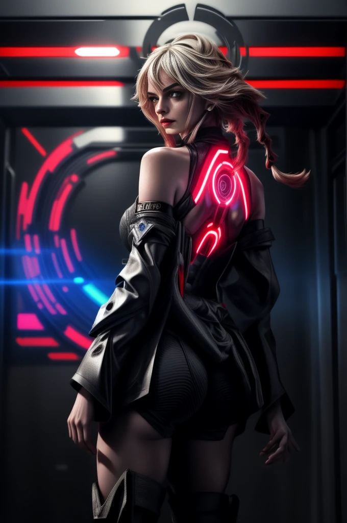 Rear view of Anne Hathaway striking in an imposing futuristic post-apocalyptic cyberpunk environment full of technological details. The woman has rich, deep skin, with tones that glow under the scene's neon lighting. Her hair is a bold combination of dreadlocks and braids, decorated with metallic threads and small LEDs that blink softly, reflecting the colorful lights in the room. His face is sculpted with strong, elegant features, highlighting piercing eyes that glow with a cybernetic blue intensity. She wears metallic makeup, with silver shadows and lips painted an intense purple, adding a touch of mystery and power. His athletic body is encased in a futuristic combat suit made from synthetic and metallic materials. The look is a combination of black, silver and neon blue, with details that suggest high technology, such as embedded circuits and light panels. Plates of armor protect his shoulders, arms, and legs, while cables and wires connect to devices on his body, indicating a perfect fusion between human and machine. giving it a vivid and dynamic, hyper-realistic cinematic look.