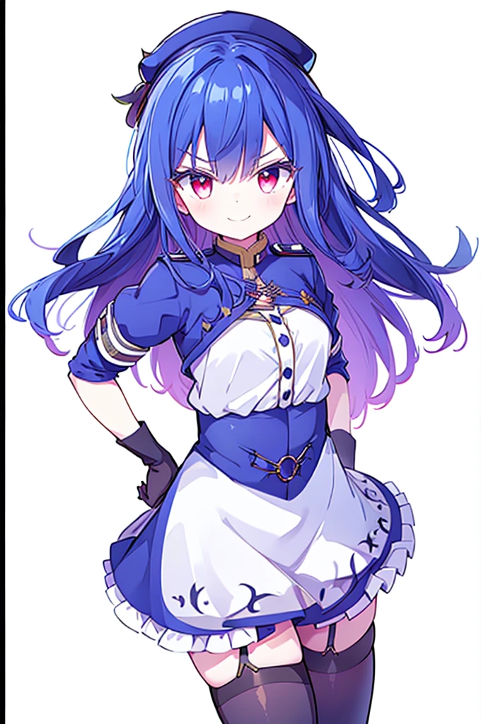 (masterpiece),best quality, perfect face, 1girl, evil smile, hands on waist, beautiful, blue hair, blue hair, floating clothes, waist grab, grabbing waist, red eyes, hands on hips, legs on ground, flat chest, military suit, uniform, miniskirt, black leather thigh boot, leather gloves, white background, military uniform, military, looking at the viewer, military hat, garter straps