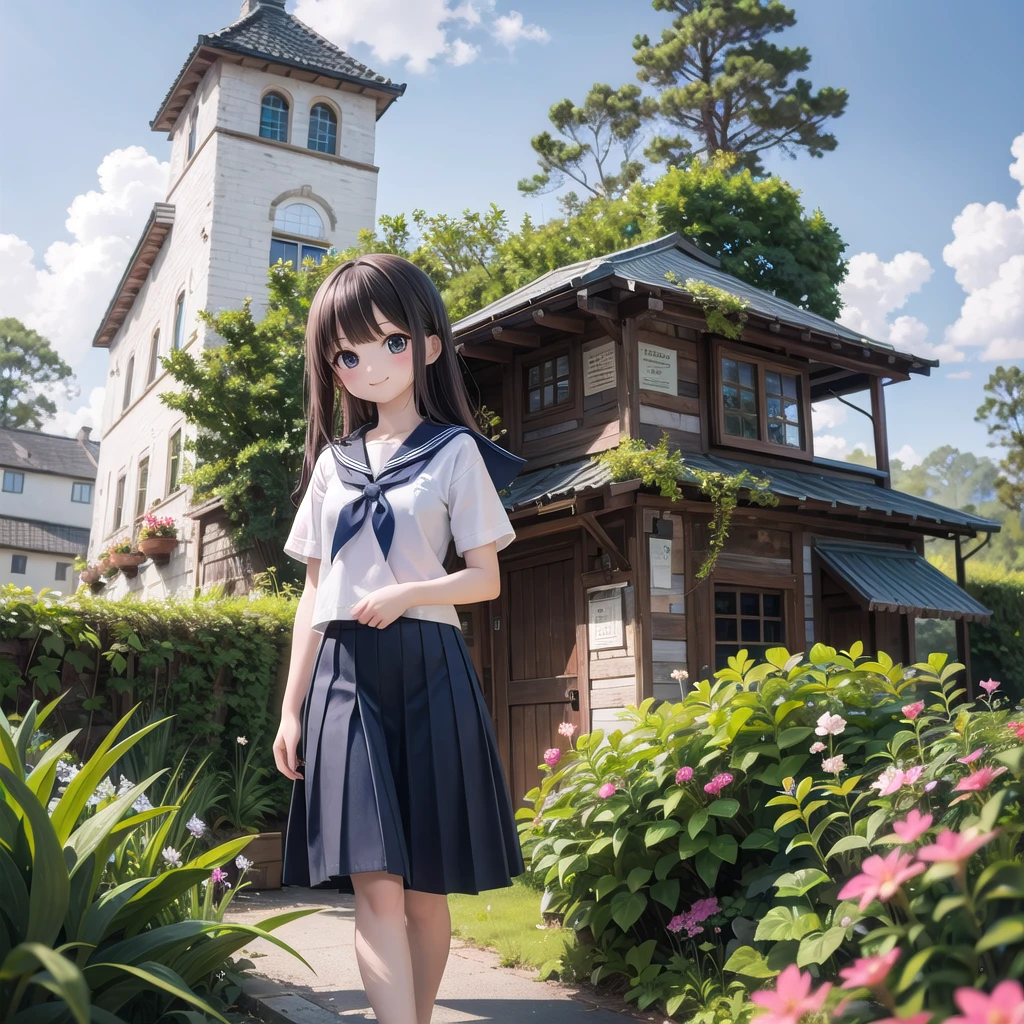 (masterpiece),  town,  blue sky,  One Girl,  smile,  alone,  Sailor suit、Long skirt,  Overgrown,  petal,  plant、Skirt lining、Translucent slip、Nostalgic