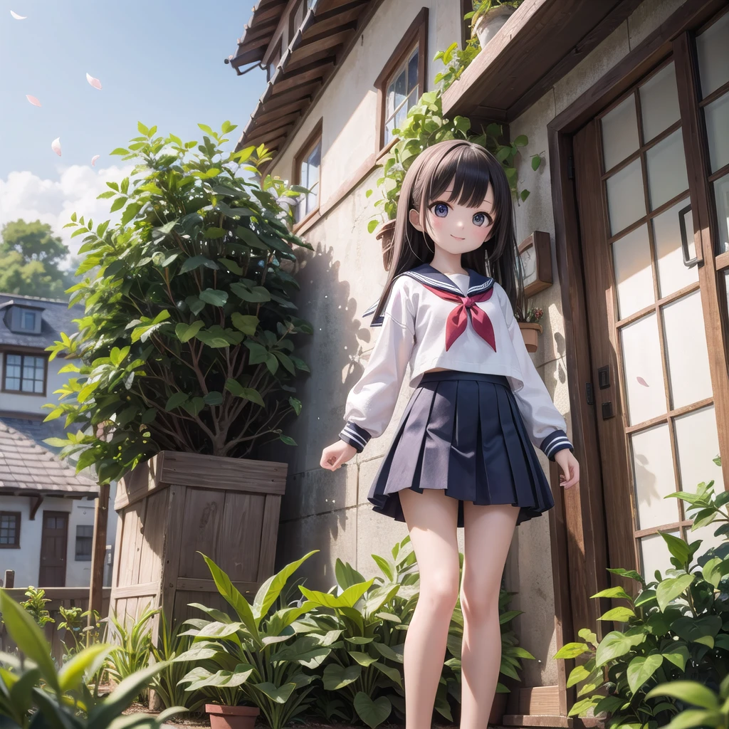 (masterpiece), town, blue sky, One Girl, smile, alone, Sailor suit、Long skirt, Overgrown, petal, plant、Skirt lining、Translucent slip、Nostalgic