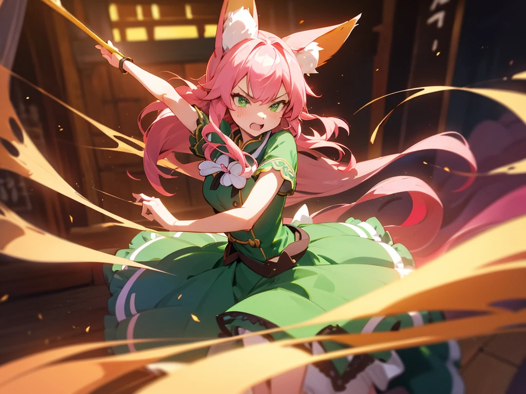kitsune idol in a tavern, foxgirl, fox ears, fox tails, pink hair, green eyes, light blue idol dress, tavern background, high quality, masterpiece, angry face