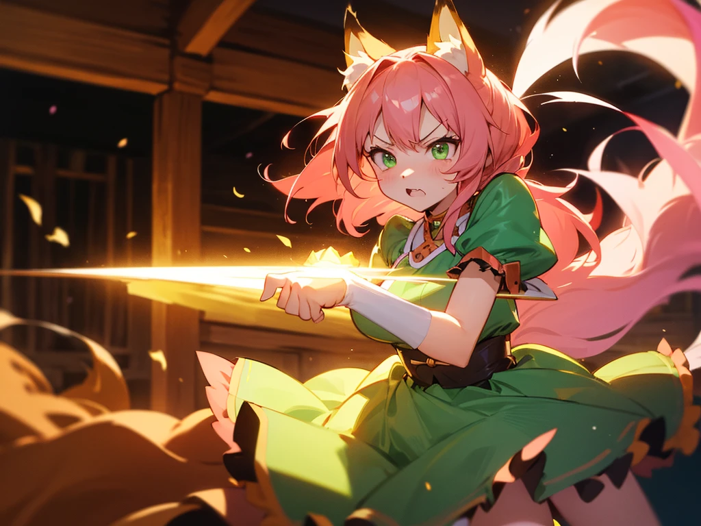 kitsune idol in a tavern, foxgirl, fox ears, fox tails, pink hair, green eyes, light blue idol dress, tavern background, high quality, masterpiece, angry face