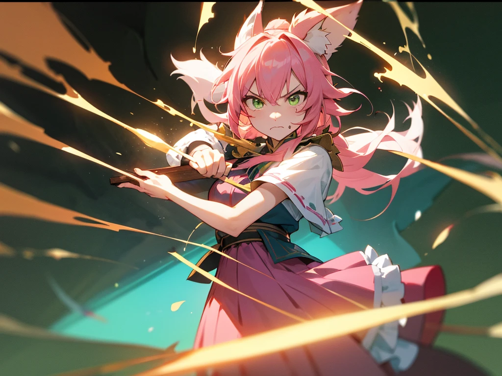 kitsune idol in a tavern, foxgirl, fox ears, fox tails, pink hair, green eyes, light blue idol dress, tavern background, high quality, masterpiece, angry face