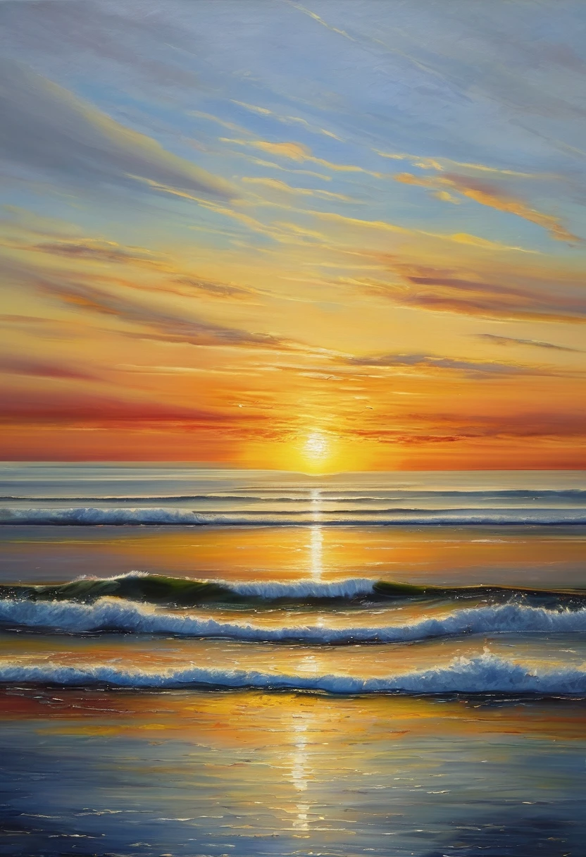 An oil painting,sunrise,Ocean,horizon,peaceful