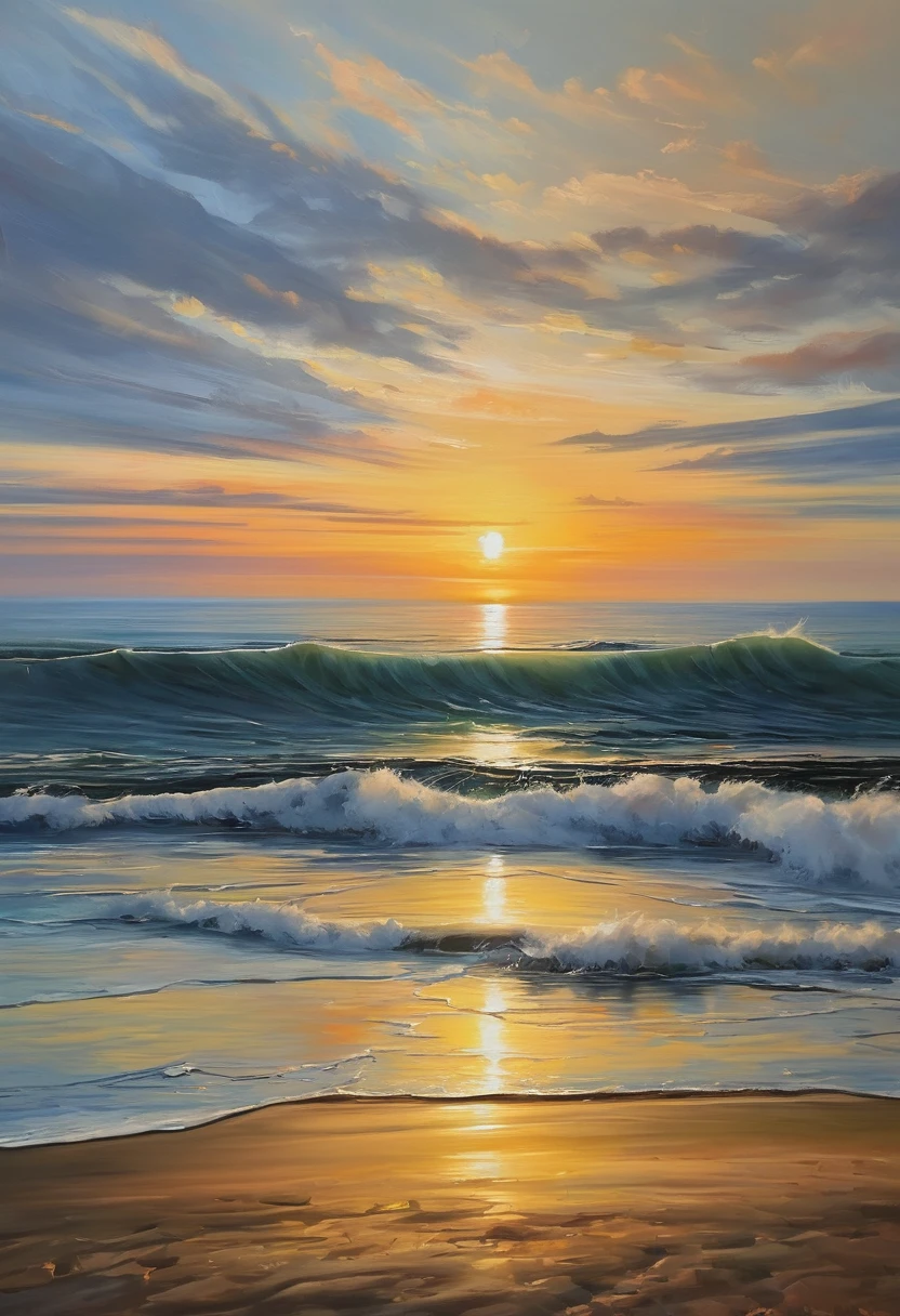 An oil painting，sunrise，Ocean，horizon，peaceful