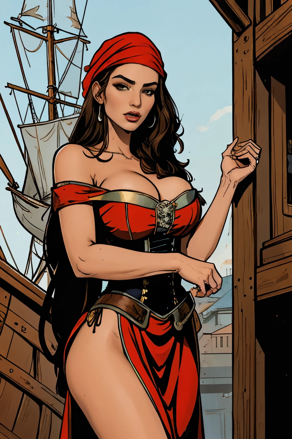 Gorgeous and sultry busty athletic (happy) brunette with sharp facial features, long hair, large breasts wearing a pirate dress, off-shoulder, corset, long red dress, pirate hat, do-rag.  On a pirate ship.