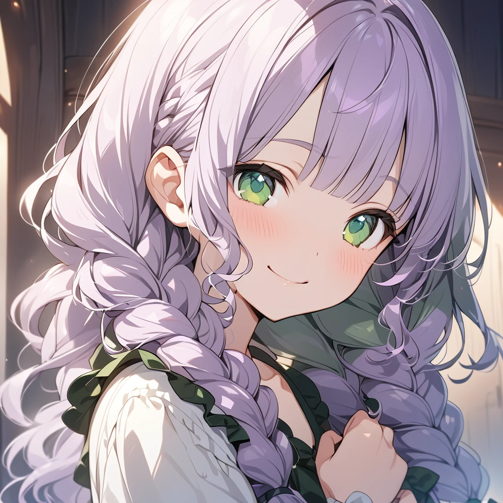 (Cute a girl:1.5), (masterpiece:1.3), anime visual, (a gril with semi long twin braids wavy hair, pale purple blunt bangs hair, dark green eyes,smiling:1.3), (tilt head:1.3), extremely delicate face, 