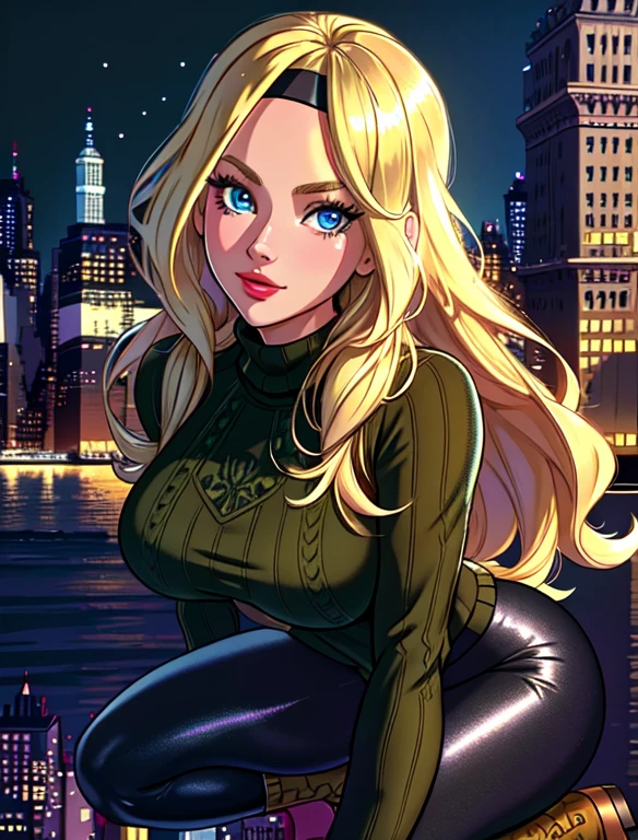 (best quality, masterpiece, colorful, highest detailed) upper body photo, fashion photography of cute (Gwen Stacy), long blonde hair and bright blue eyes. She's wearing a Black headband, olive green sweater, shiny black leggings and Ugg Boots. (ultra-detailed body), (light smile:0.3),  (New York background:1.3), (intricate details), (dynamic angle), (full body:0.6),
