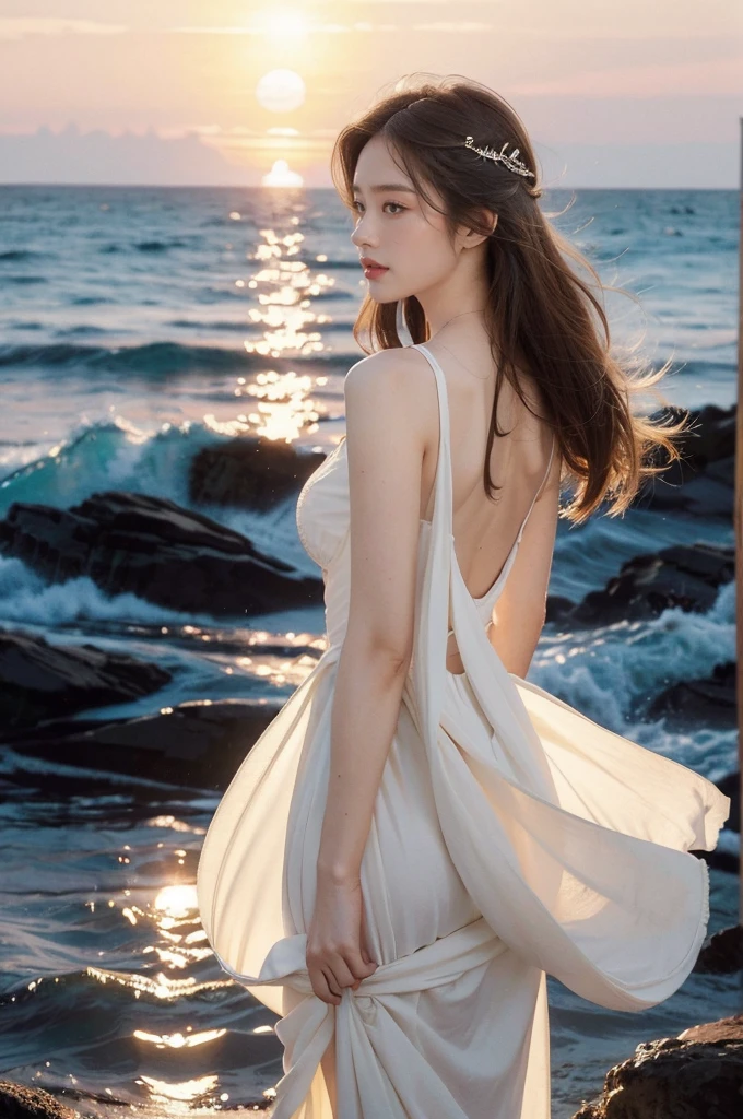 (((best quality))),(((ultra detailed))),(((masterpiece))),illustration,1 girl, solo,slim,flat chest,(sunrise:1.5),standing, seaside,soft light, serene atmosphere,medium straight hair, sparkling blue eyes, fair skin, white sundress, seashell patterns, cliff edge, azure sea, waves crashing, seagulls soaring, camera in hand, joyful expression, warm sunlight, ethereal presence, peaceful setting,upper body,from front,arms behind back
