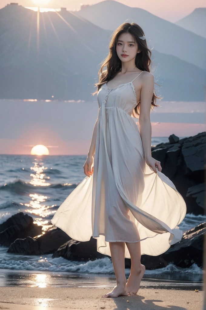 (((best quality))),(((ultra detailed))),(((masterpiece))),illustration,1 girl, solo,slim,flat chest,(sunrise:1.5),standing, seaside,soft light, serene atmosphere,medium straight hair, sparkling blue eyes, fair skin, white sundress, seashell patterns, cliff edge, azure sea, waves crashing, seagulls soaring, camera in hand, joyful expression, warm sunlight, ethereal presence, peaceful setting,upper body,from front,arms behind back
