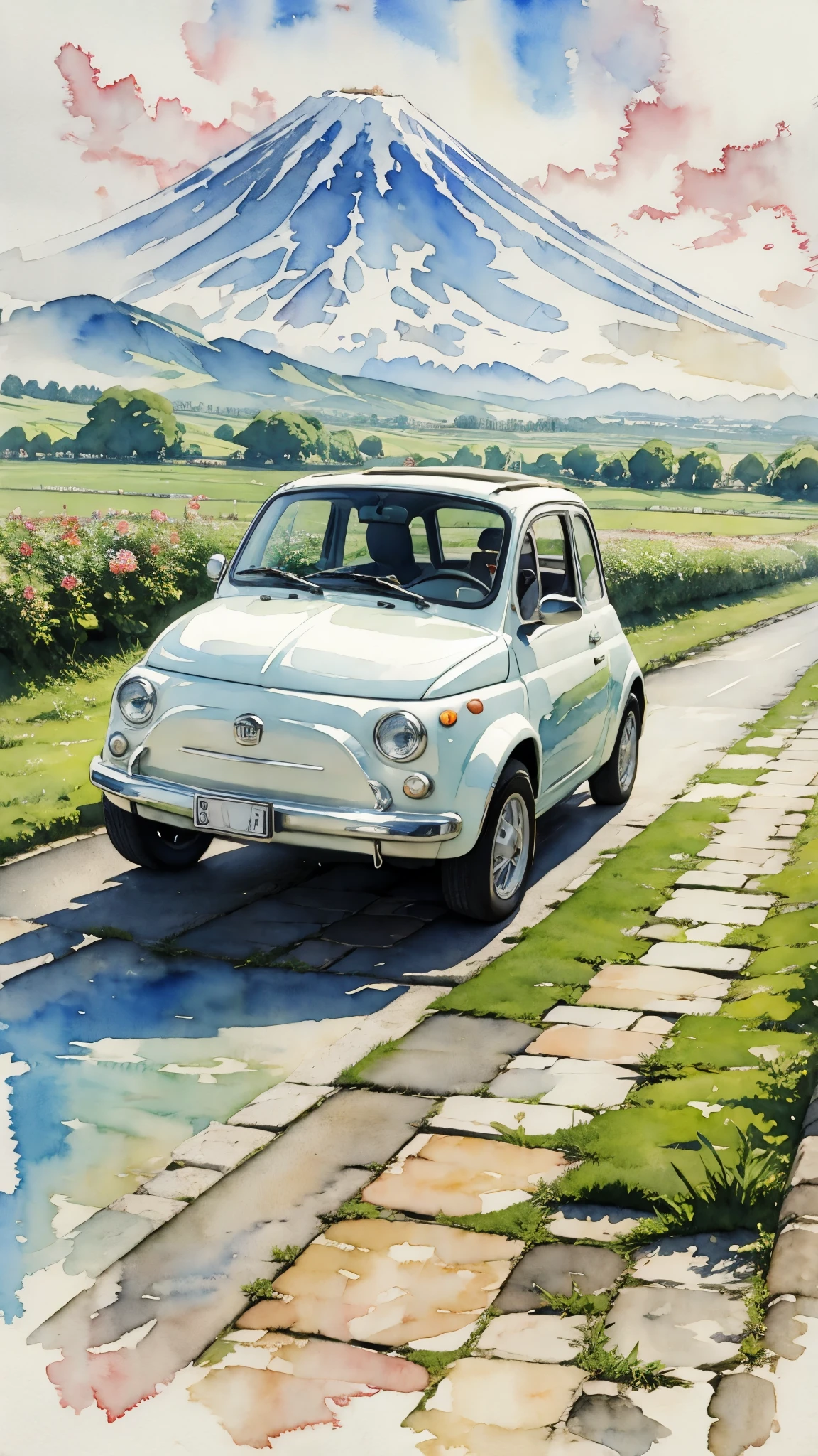 (masterpiece:1.2, Highest quality),(Very detailed),(((watercolor))),8K,wallpaper,Cream-colored Fiat 500,Running towards Mount Fuji,blue sky,(((Ghibli style))),透明watercolor