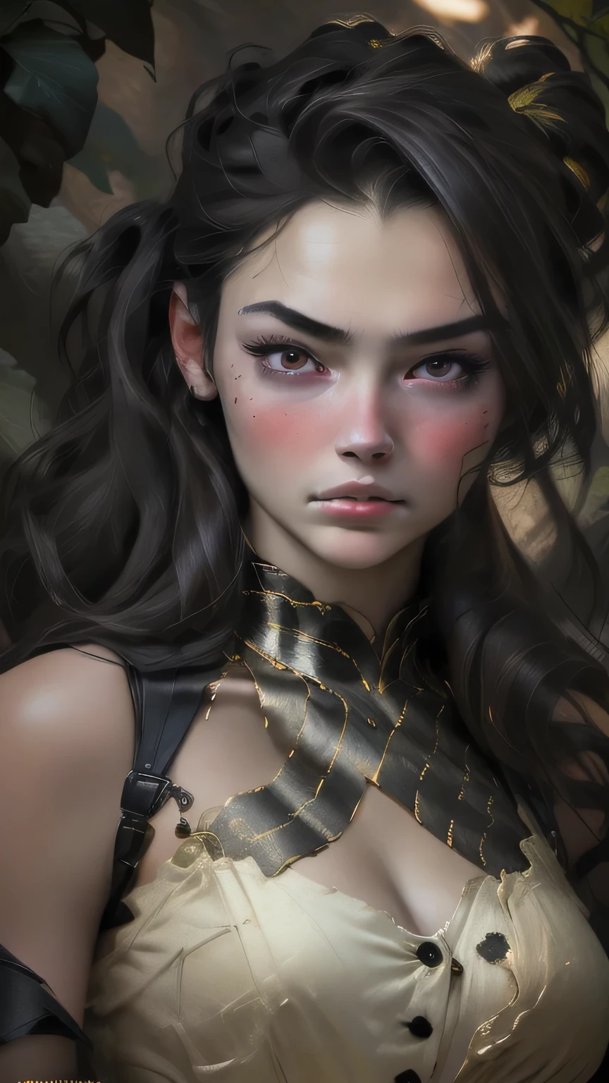 8K, whole body, focal distance: 1.2, Medium Chest, Beautiful and elaborate face, Narrow waist, Shy lips, girl, 大きなblack eye, 最high quality, Very detailed, Long Hair, No buttons, Hanfu, Clothing covers the entire body, No meat, Cleavage, (Huge breasts), (RAW Photos: 1.3), Dramatic lighting, Soft portrait photography, Hyperrealism art style, Perfect female body, black eye、(Upper body portrait), masterpiece, 最high quality, high quality, High resolution、In a dark cave、detailed cave interior、